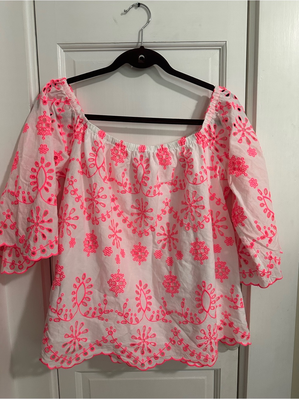Lilly Pulitzer Laurenne White Off-Shoulder Blouse with Coral Embroidery